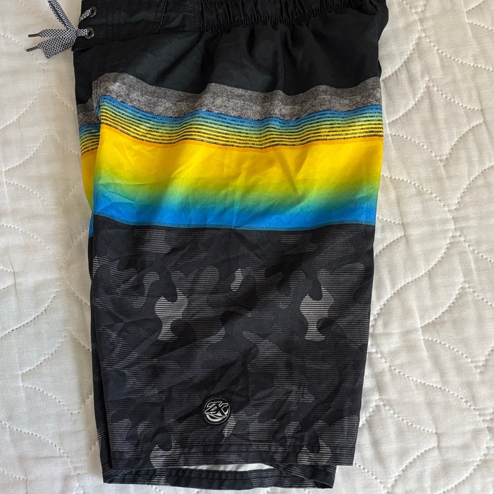 Boys Black Swim Trunks with Yellow-Blue Stripe